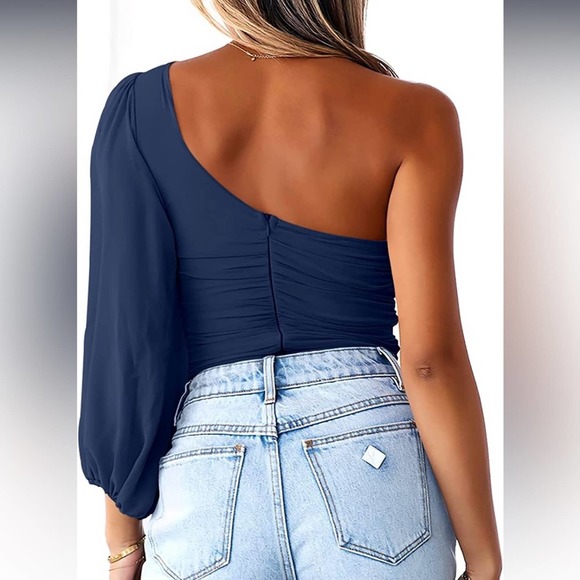 Anrabess Blue One Shoulder Mesh Bodysuit - L - Picture 2 of 5